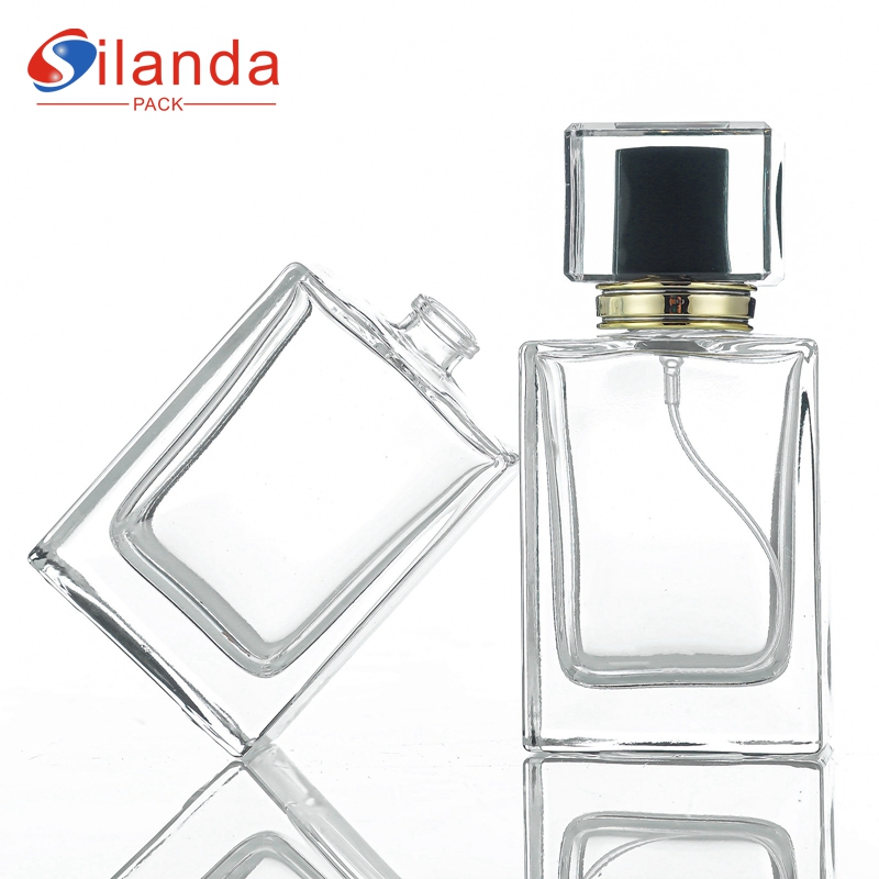 Recycled 50ml Clear Flat Square Glass Perfume Bottle Thick Bottom Travel Portable Pump Spray Elegant Bayonet Perfumery Container Fragrance Bottles