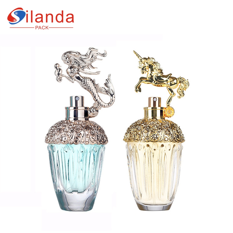 Luxury 80ml Unicorn Mermaid Glass Perfume Bottle Thick Bottom Travel Portable Fine Mist Pump Spray Refillable Perfumery Container Fragrance Bottles