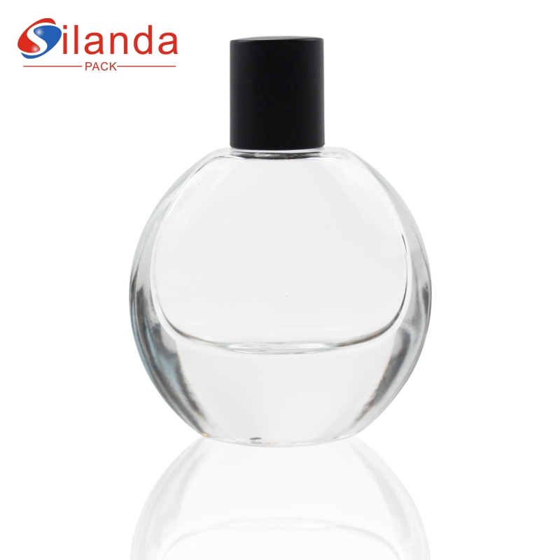 Luxury 50ml Clear Glass Perfume Bottle Flat Round Thick Bottom Pump Spray Refillable Perfumery Container Fragrance Bottles