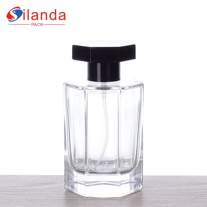 Deluxe 100ml Clear Hexagonal Glass Perfume Bottle with Heptagonal Cap Refillable Pump Spray Thick Bottom Bayonet Perfumery Container Fragrance Bottles