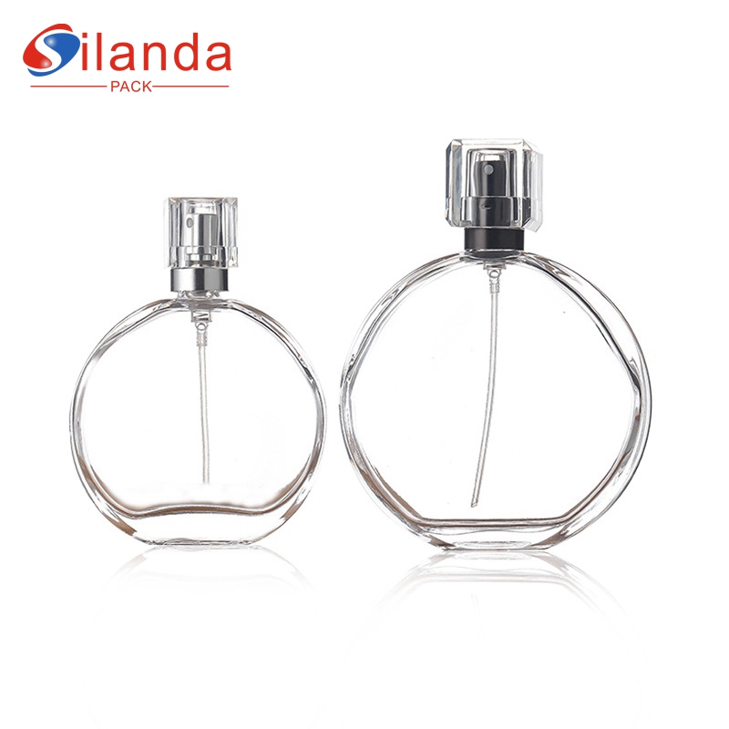 Eco Friendly 50ml 100ml Clear Flat Round Glass Perfume Bottle Travel Portable Pump Spray Refillable Perfumery Container Fragrance Bottles 