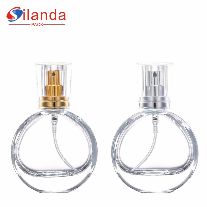 Recycled 30ml 50ml 100ml Clear Flat Round Screw Glass Perfume Bottle Fine Mist Pump Spray Elegant Perfumery Container Fragrance Bottles  