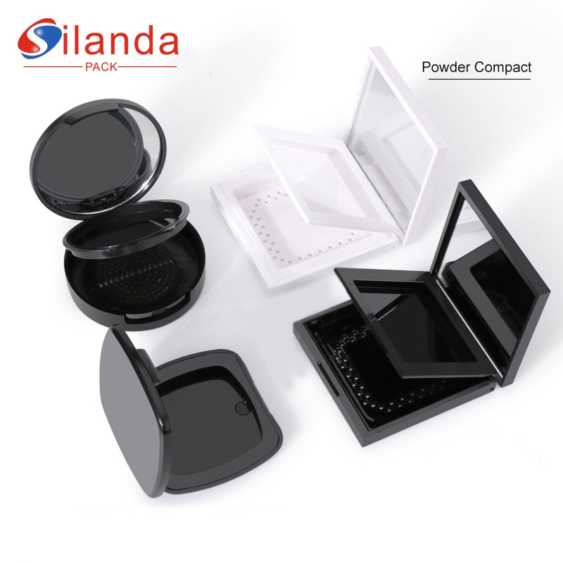 Black Round Cosmetic Press Powder Compact Case White Square Ultra Thin Double Layer Makeup Highlighter Blush Box 