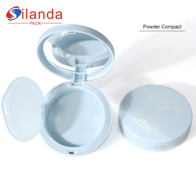 Light Blue Round Cosmetic Pressed Powder Compact Case Empty Magnetic Flip Lid Makeup Highlighter Shading Box with Mirror
