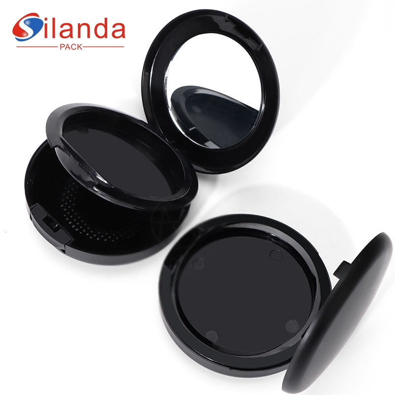 Black Round Double Layer Cosmetics High Gloss Powder Compact Case 10g Empty Makeup Highlight Blush Box with Mirror