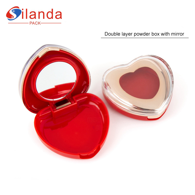 Red Empty Heart Shaped Cosmetic Blush Eye Shadow Box 8g Makeup Double Layer Powder Compact Case With Mirror