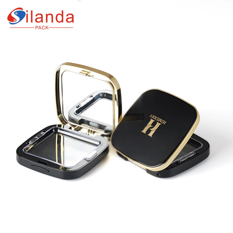 Black Portable Electroplated Square Curved Snap Pressed Powder Compact Case with Mirror