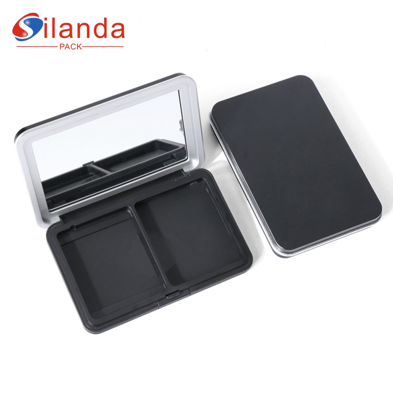 Black Rectangular Elegant Double Compartment Press Powder Compact Case Empty Makeup Highlight Blush Contour Box with Mirror