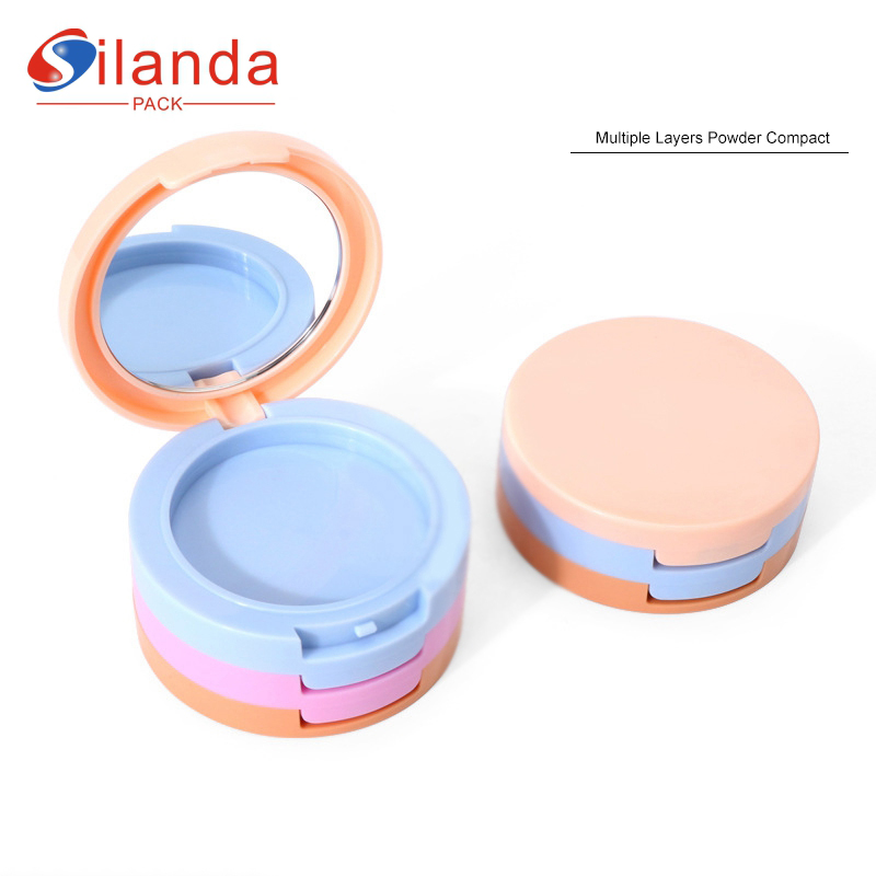 Round Multi Layer Cosmetics Blush Highlight Box Empty ABS Plastic Makeup Powder Foundation Compact Case with Mirror