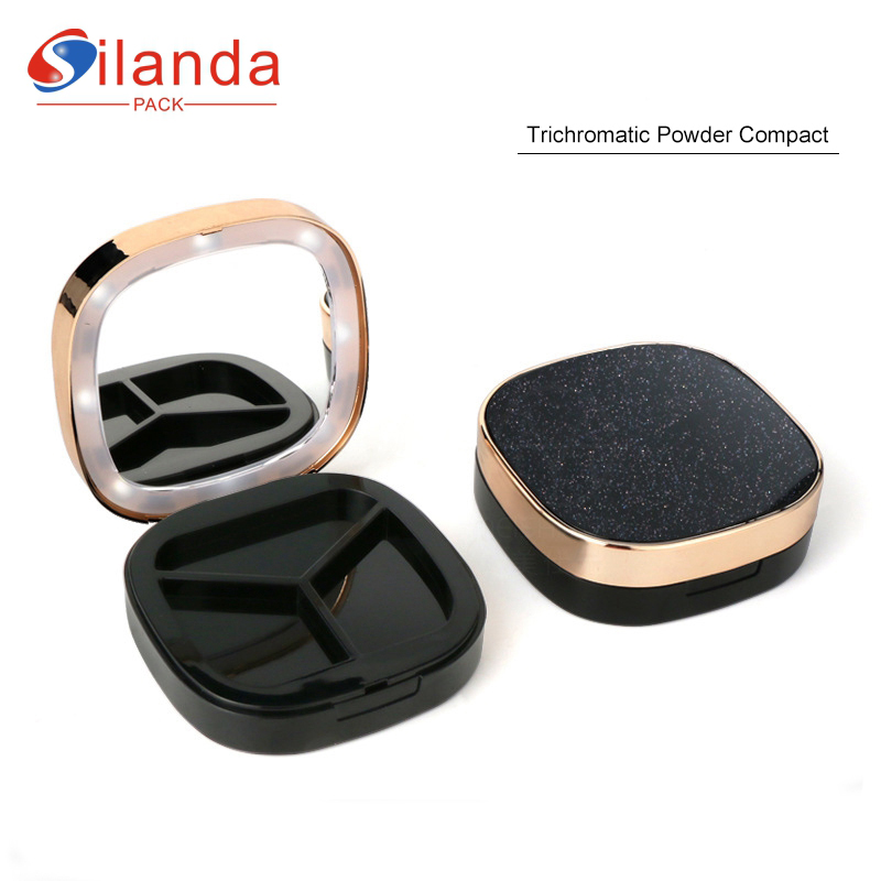 Luxury Black Square Lighted Trichromatic Makeup Eye Shadow Concealer Box Empty 6g ABS Cosmetic Pressed Powder Compact Case with Mirror