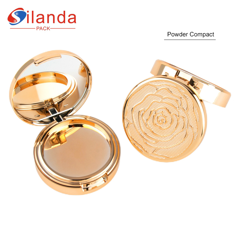 High End Gold Round Double Layer Cosmetics Pressed Powder Compact Case with Mirror