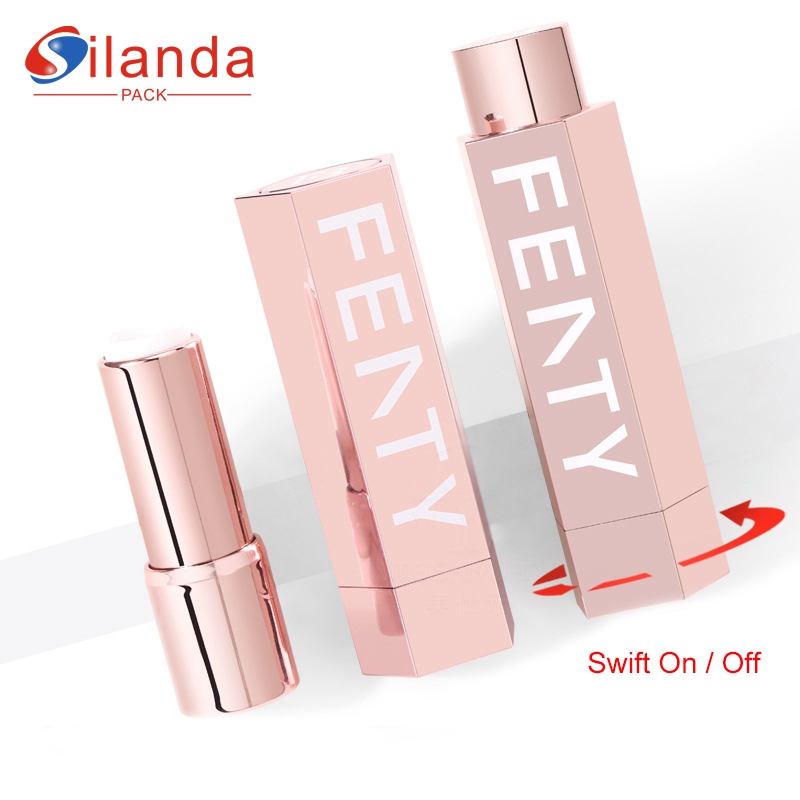 Elegant Pink Pentagonal Rotating Makeup Lipstick Tubes Empty Plastic 3.8g Spring Cosmetic Lip Stick Container 