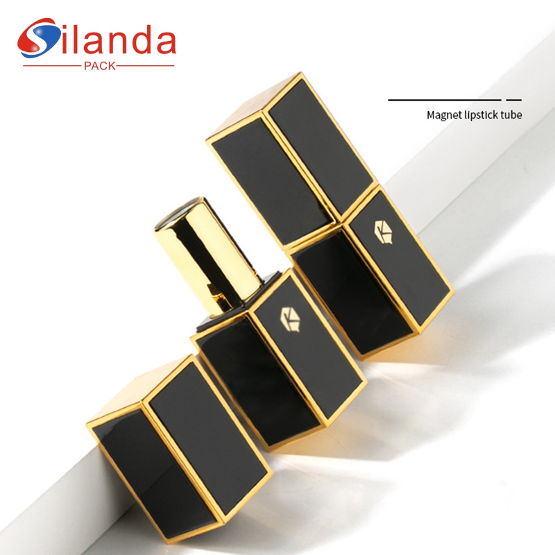 3.5g Branded Magnetic Black Square Makeup Lipstick Tubes Empty Plastic Flat Mouth 12.1mm Cosmetic Lip Stick Container 