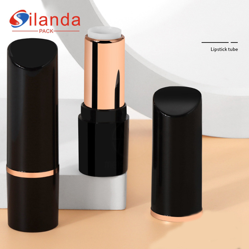 Elegant Black Gold Edge Slanted Cover Round Makeup Lipstick Tubes Empty Plastic 3.5g Cosmetic Lip Stick Container  