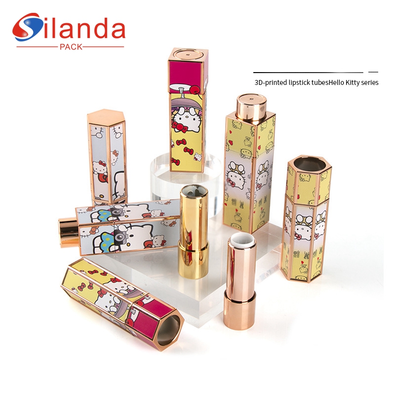 Delicate Rotating Square 3D Printing Hello Kitty Makeup Lipstick Tubes Empty Plastic 3.8g Cosmetic Hexagonal Lip Stick Container   