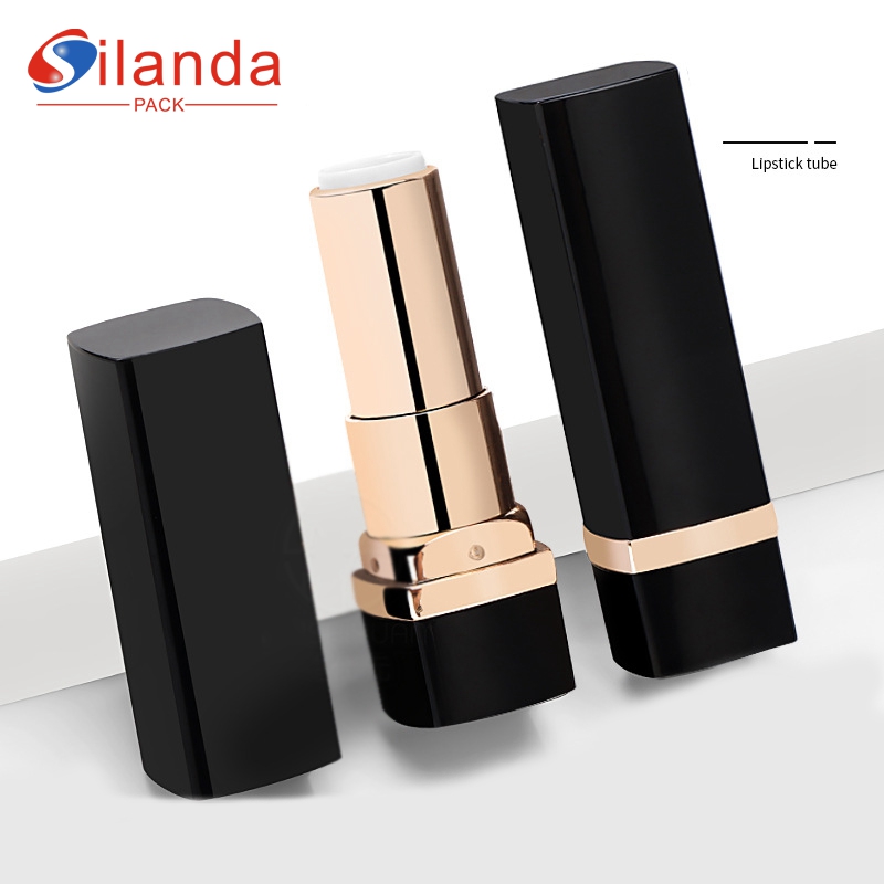 Classic Black Square Flat Mouth Makeup with Gold Ring Lipstick Tubes Empty Plastic 3.5g Cosmetic Lip Balm Container