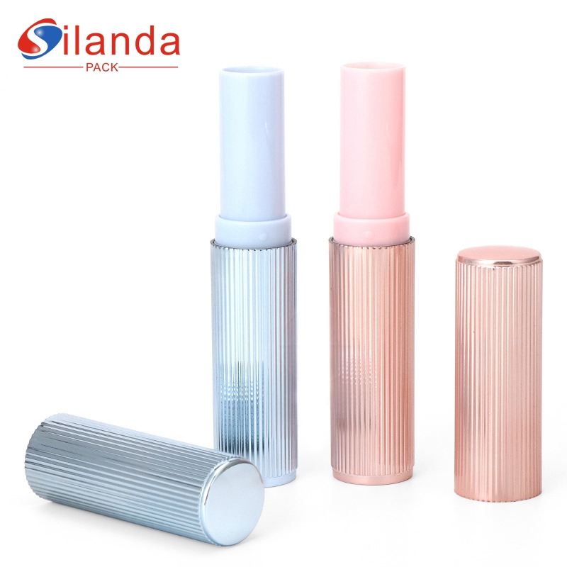 Elegant Blue Round Flat Mouth Striped Makeup Lipstick Tubes Empty Plastic 2.2g Cosmetic Lip Balm Container 