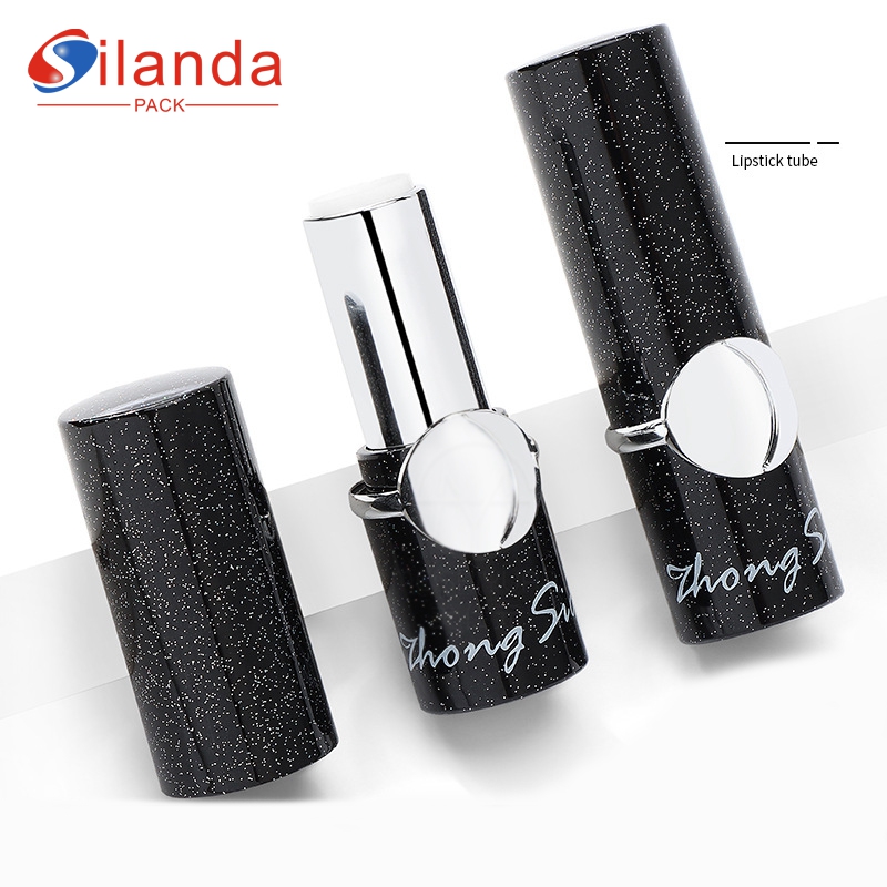 Shining Black Round Flat Mouth Makeup Lipstick Tubes Empty Plastic 3.5g Cosmetic Lip Stick Container 