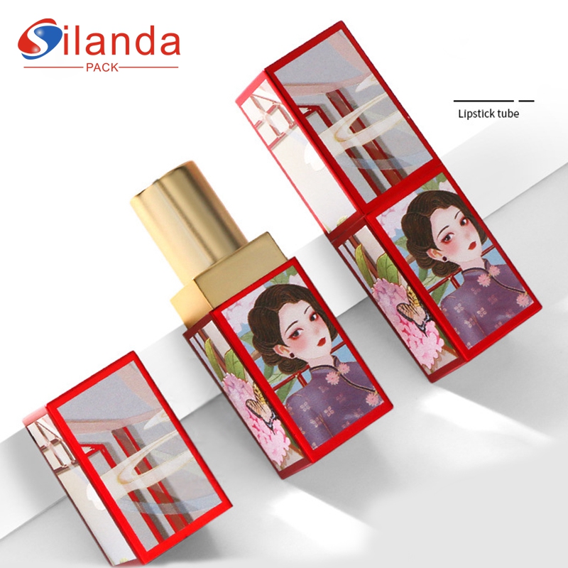 Chinese Style 3D Printing Square Flat Mouth Makeup Lipstick Tubes Empty Plastic 3.5g Cosmetic Lip Stick Container  