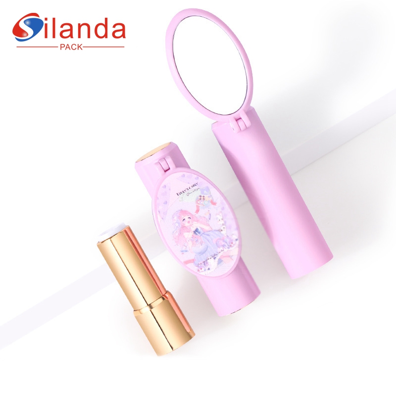 Lovely Purple Round Spring Flat Mouth Makeup Lipstick Tubes with Mirror Empty Plastic 3.5g Cosmetic Lip Balm Container 