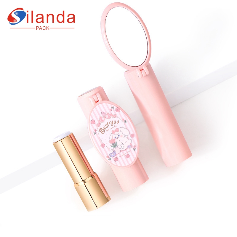 Pink 3D Printing Round Spring Flat Mouth Makeup Lipstick Tubes with Mirror Empty Plastic 3.5g Cosmetic Lip Balm Container  