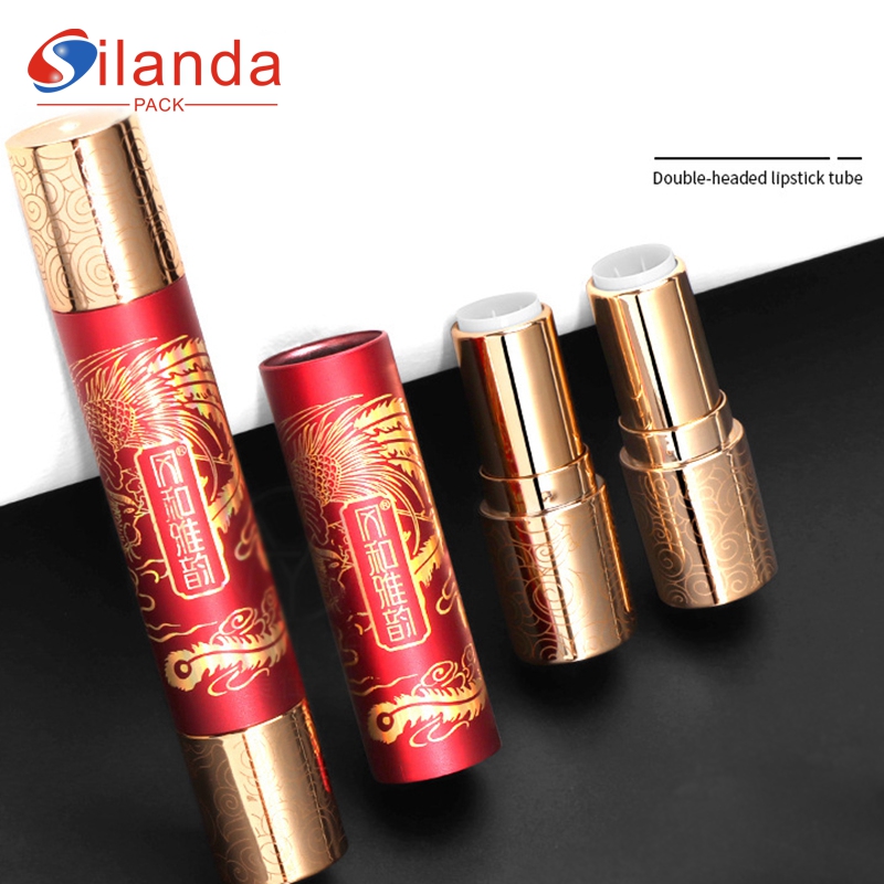 Chinese Style Red Double Headed Round Makeup Lipstick Tubes Empty Plastic 7.0g Flat Mouth Cosmetic Lip Stick Container  