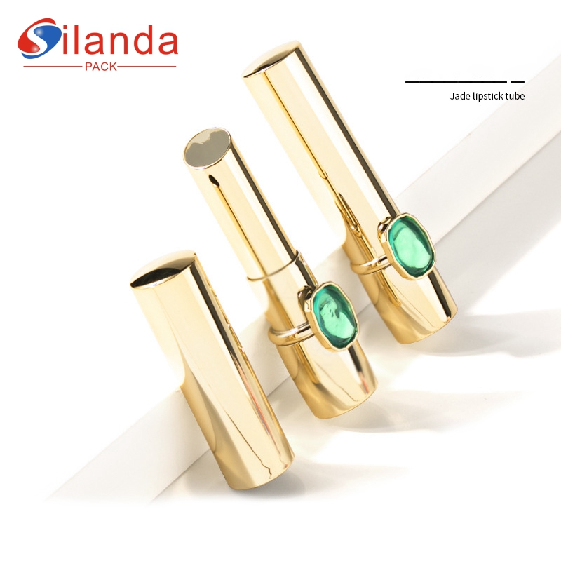 Elegant Gold Round Green Diamond Makeup Lipstick Tubes Empty Plastic 3.5g Oblique Cosmetic Lip Balm Container 