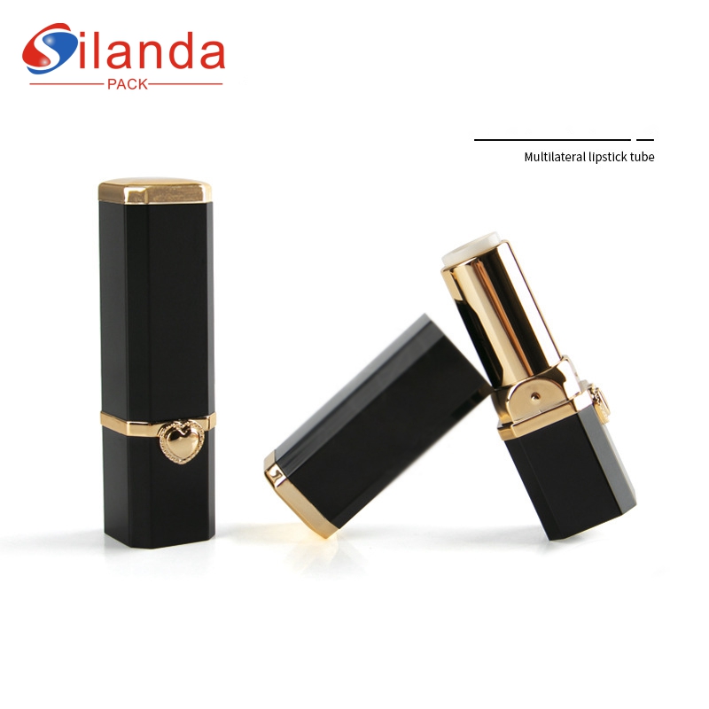 Luxury Black Multilateral Heart Makeup Lipstick Tubes Empty Plastic 3.5g Flat Mouth Cosmetic Lip Balm Container