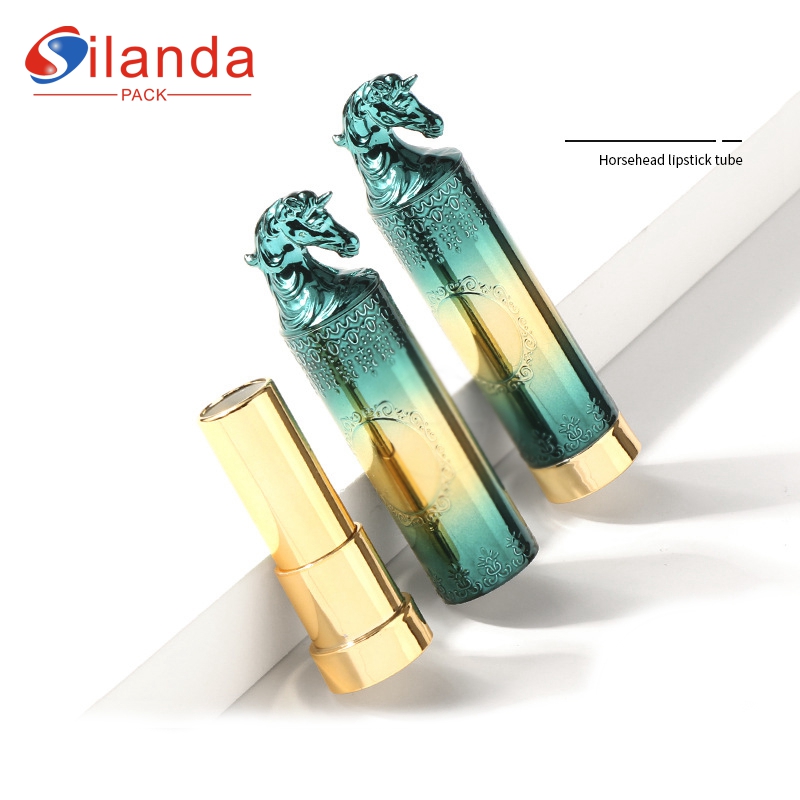 Luxury Gradient Green Horsehead Round Makeup Lipstick Tubes Empty Plastic 3.8g Flat Mouth Cosmetic Lip Stick Container 