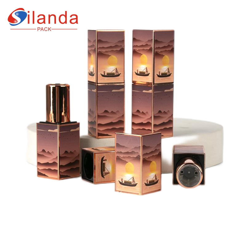 New 3D Printing Gold Electroplated Square Makeup Lipstick Tubes Empty Plastic 3.8g Flat Mouth Cosmetic Lip Stick Container